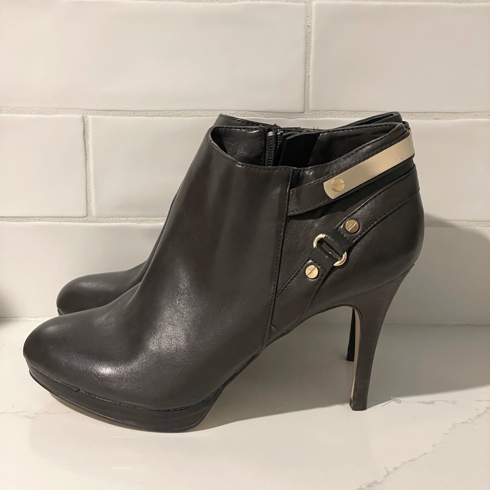Wood Heel Brown Leather Booties | Leather Ankle Stiletto Boots | Size 8
